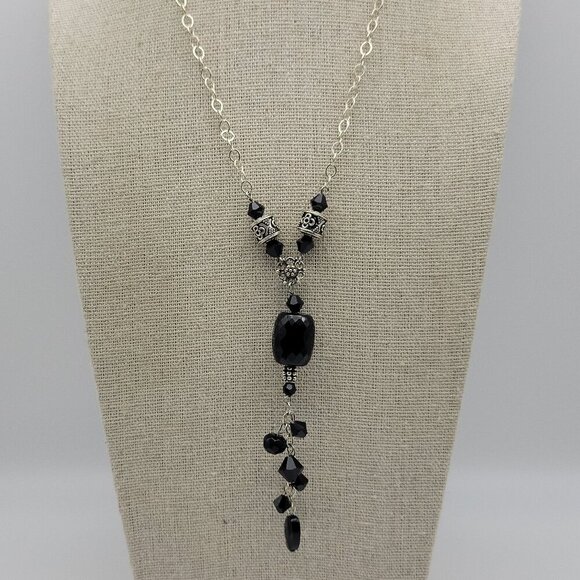 Black Faceted Onyx 925 Sterling Silver Y-Drop Necklace Rolo Chain 19 Inch